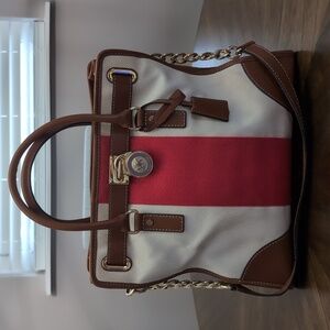 Michael Kors Large Hamilton Canvas and Leather Bag With Orange Stripe